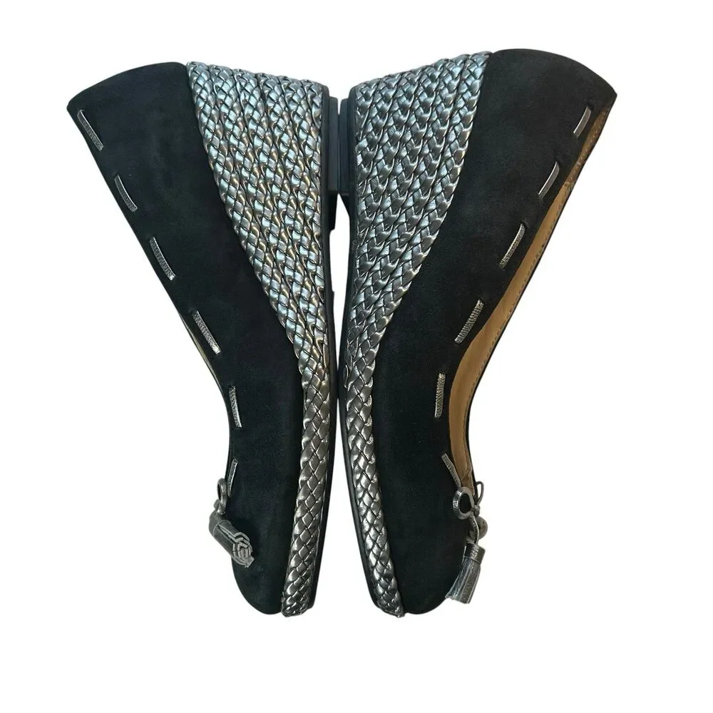 Lauren Ralph Lauren Black Suede Espadrille Wedge Size 7B Cambree Silver Metallic
